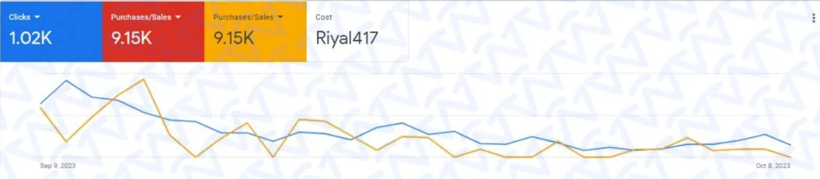 لوحة تحكم إعلانات جوجل – 1.02K نقرة، 9.15K مبيعات، تكلفة 417 ر.س خلال سبتمبر–أكتوبر 2023