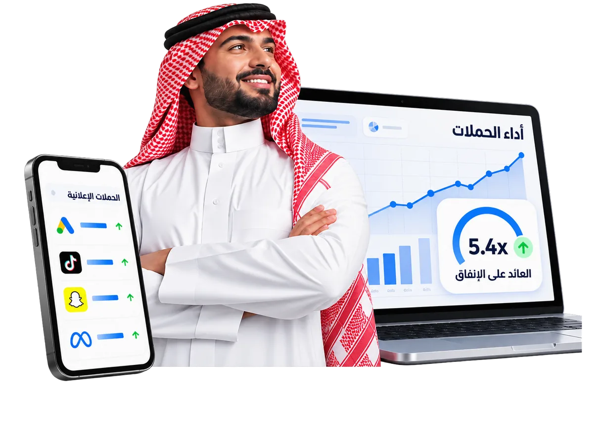 خبير إدارة حملات إعلانية سعودي مع لوحة أداء الحملات على جوجل وتيك توك وسناب شات وميتا