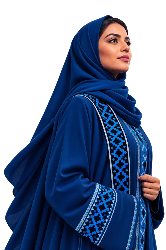 امرأة سعودية بعباءة بنقشة اليوم الوطني — عملاء WizFreelance يستعدون لموسم اليوم الوطني