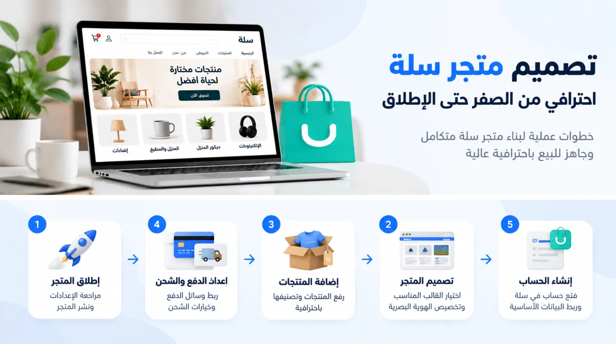 خطوات تصميم متجر سلة من الصفر حتى الإطلاق: إنشاء الحساب، تصميم المتجر، إضافة المنتجات، إعداد الدفع والشحن، إطلاق المتجر